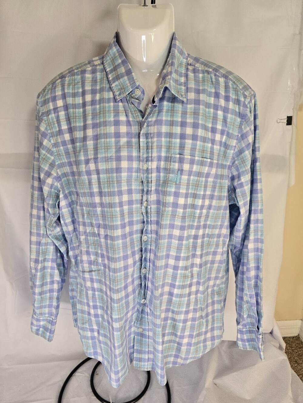 Johnnie-O XL Men's Blue Aqua Plaid Long Sleeve Button Down Performance Shirt